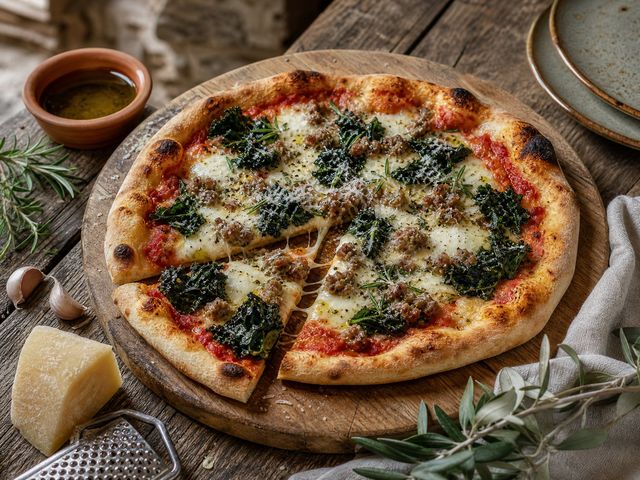 Chiantin pizza salsiccialla ja lehtikaalilla